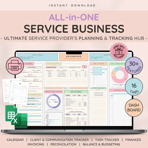 Small Business CRM Dashboard Bookkeeping Tracker w/ Task & Invoice Tracker | Financial Planner | Budget Spreadsheet for Service Businesses